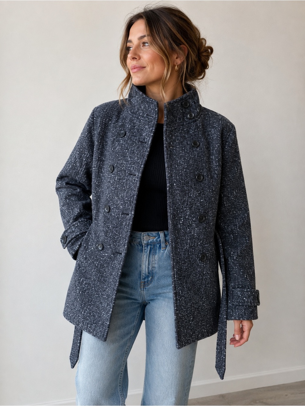 Charcoal Double-Breasted Belted Coat Size Medium